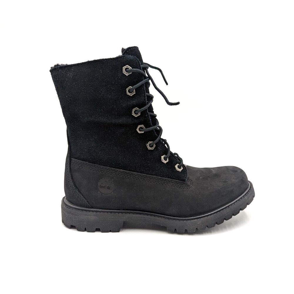 Timberland Authentic Women Waterproof Fleece Fold Down Boot Black Leather US 6.5 - Picture 1 of 15